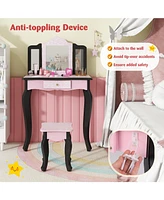 2-in-1 Princess Dressing Table Writing Desk with Cute Leopard Print and 3 Makeup Accessories Fun Vanity Set for Kids