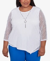 Alfred Dunner Plus Parrot Cay Popcorn Mesh Crew Neck Top with Necklace