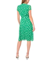 Msk Petite Printed Split-Neck Tie-Waist Short-Sleeve Dress