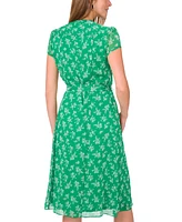 Msk Petite Printed Split-Neck Tie-Waist Short-Sleeve Dress