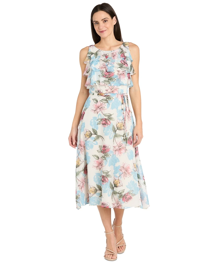 R & M Richards Petite Floral-Print Ruffled Midi Dress