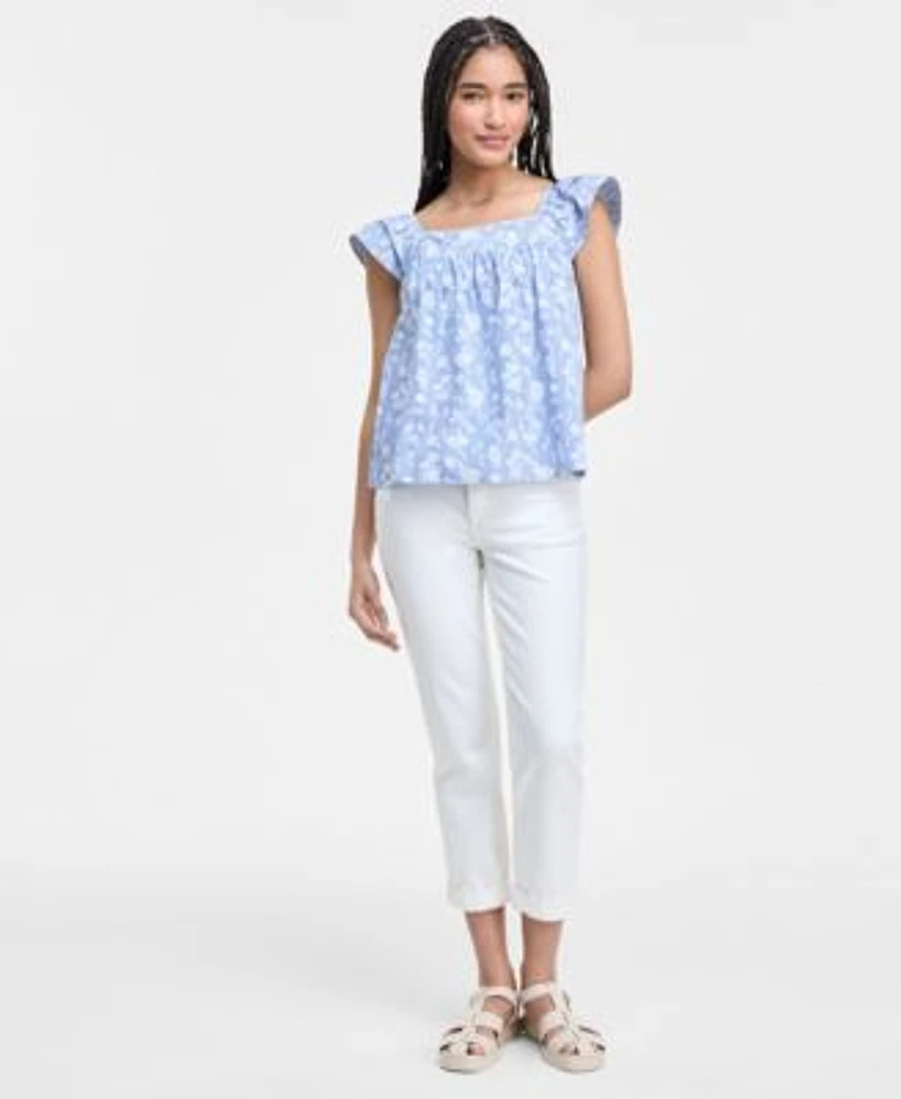 Liverpool Los Angeles Womens Square Neck Blouse Rolled Cuff Keeper Boyfriend Jeans