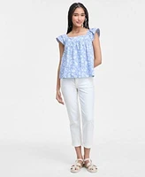 Liverpool Los Angeles Womens Square Neck Blouse Rolled Cuff Keeper Boyfriend Jeans