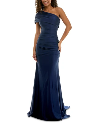 B Darlin Juniors' One-Shoulder Draped Floor-Sweeping Gown