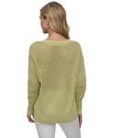 Dkny Jeans Women's Cotton Open-Knit V-Neck Sweater