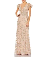 Women's Embroidered Applique Wrap Over Flutter Sleeve Gown