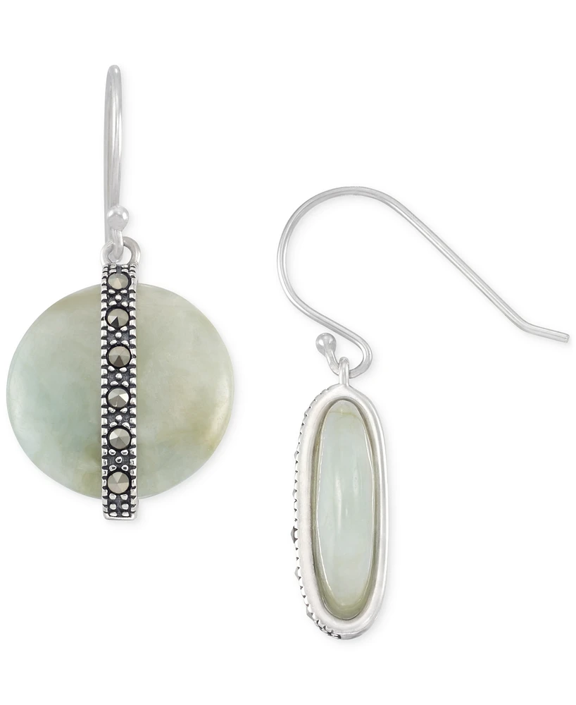 Jade & Marcasite Vertical Bar Circle Drop Earrings in Sterling Silver