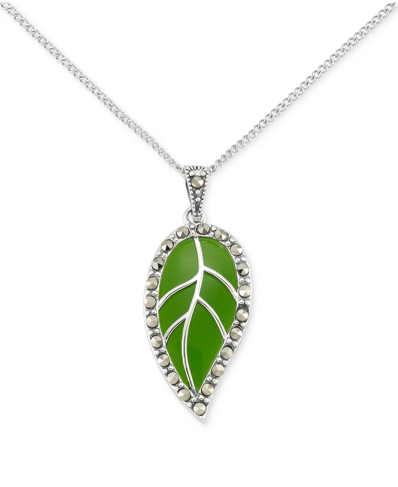 Green Agate & Marcasite Leaf 18" Pendant Necklace in Sterling Silver