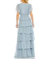 Mac Duggal Women's Flutter Sleeve Ruffle Tiered Gown