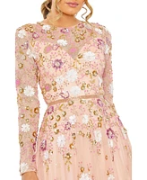 Women's Sequined Floral Long Sleeve High Neck Midi Dress