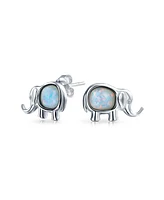 Bling Jewelry Lucky Dainty Created White Blue Opal Zoo Animal Lover Good Luck Elephant Dangle Stud Earrings .925 Sterling Silver Lever Back