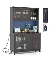 Kitchen Pantry Storage Cabinet Hutch with Led lights and Power Outlet