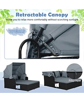 Patio Rattan Daybed with Retractable Canopy and Side Tables