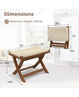 Folding Natural Rattan Ottoman with Hand-woven Seat