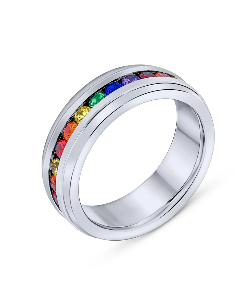 Bling Jewelry Mens Stainless Steel Rainbow Cz Eternity Ring Lgbtq Band Comfort Fit