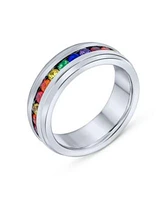 Bling Jewelry Stainless Steel Rainbow Cz Eternity Ring Lgbtq Band Comfort Fit