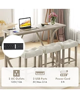 4-Piece Bar Table Set with Power Outlet and Upholstered Saddle Seat Stools