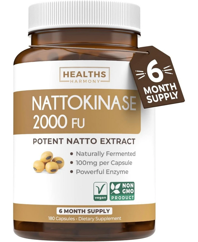 Nattokinase 2000 Fu (Non-gmo), Powerful Nattokinase Supplement Made from Naturally Fermented Soybeans for Heart Health Support, Healths Harmony, 180ct