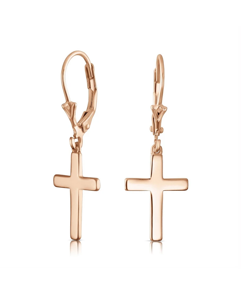 Bling Jewelry Minimalist Religious Cross Dangle Earrings 14K Gold Plated Sterling Silver