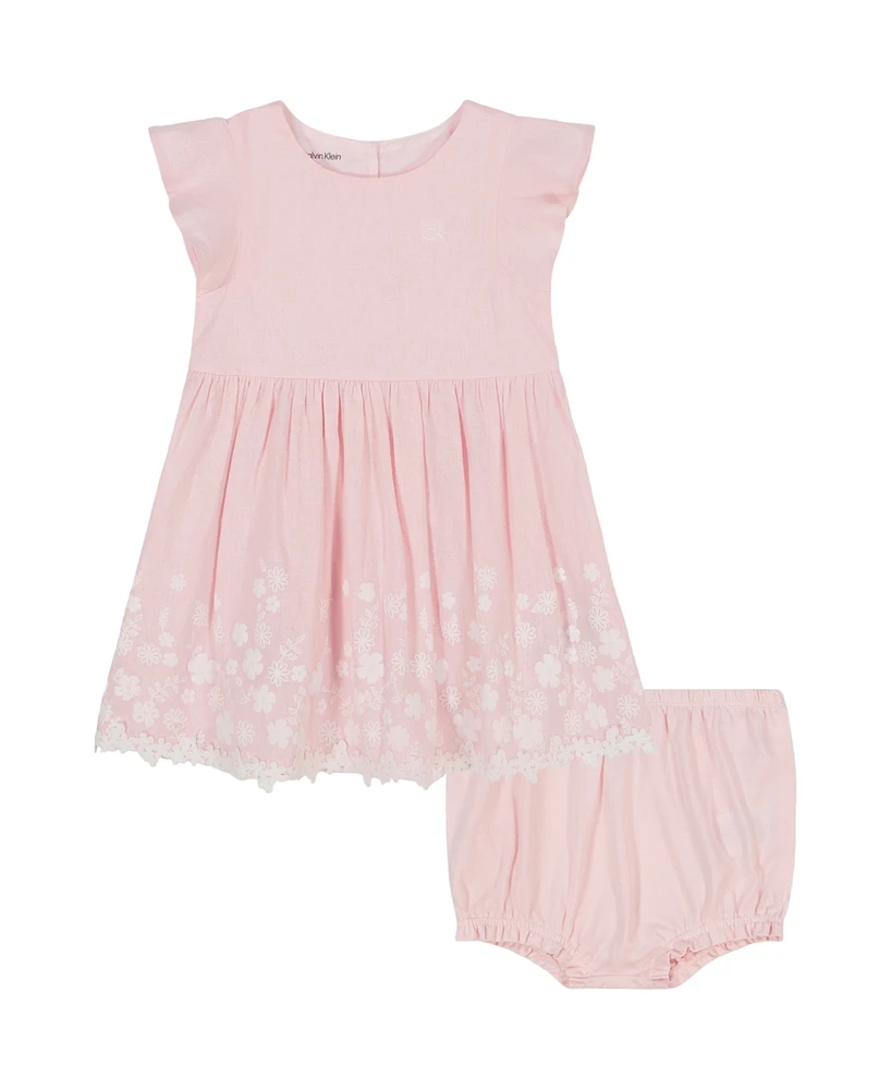 Calvin Klein Baby Girls 2-Piece Linen Look Floral Border Dress with Diaper Cover Set