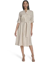 Halston Women's Belted Roll-Tab Sleeve Shirtdress