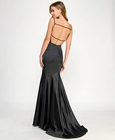 Seni & Cade Juniors' Satin Cowlneck Cutout Gown