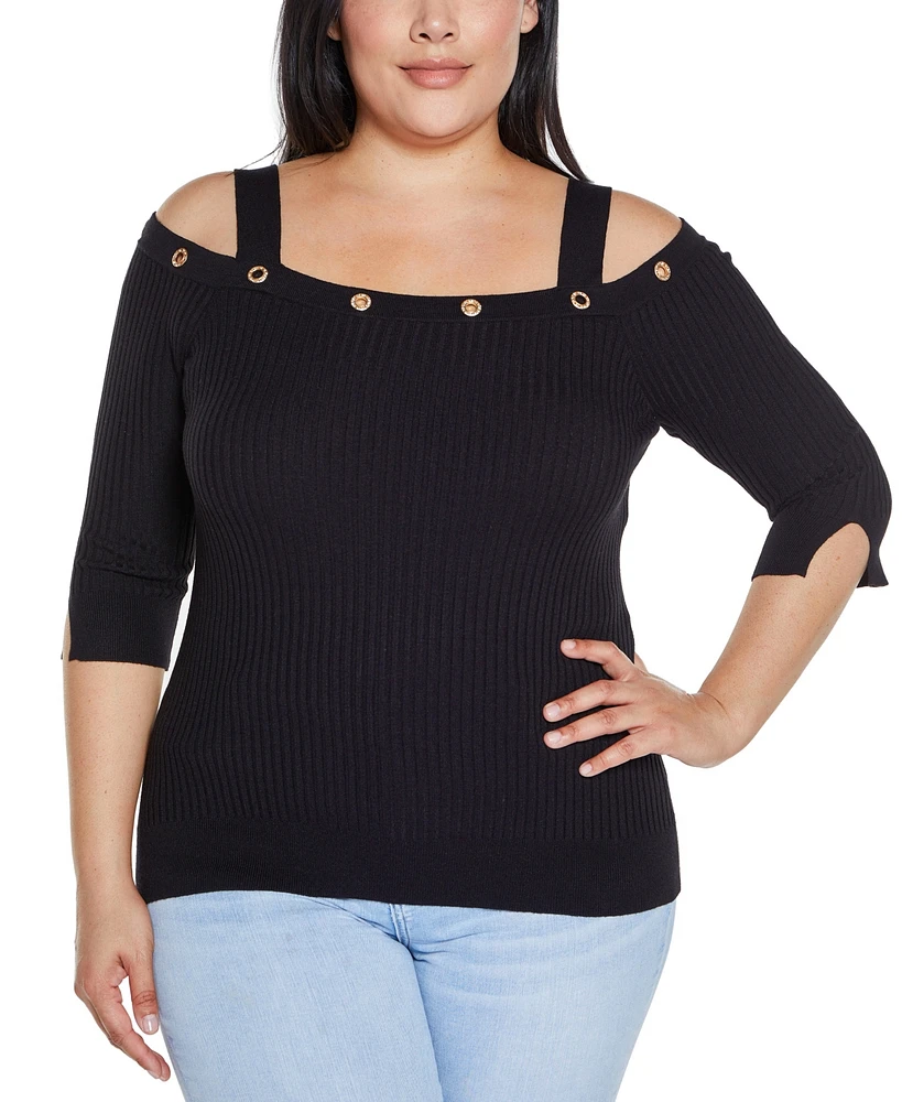 Belldini Plus Black Label Rhinestone Grommet Cold-Shoulder Sweater