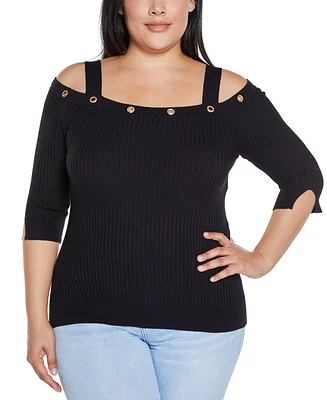 Belldini Plus Black Label Rhinestone Grommet Cold-Shoulder Sweater