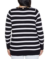 Belldini Plus Black Label Rhinestone Grommet Striped Open-Front Cardigan Sweater