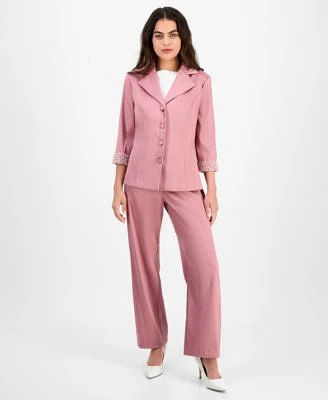 Alex Evenings Petite Notched Collar Button Front Blouse Straight Leg Pants