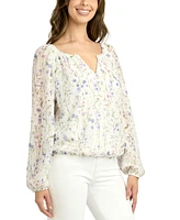 Bcx Juniors' Floral Long-Sleeve Elastic-Hem Pesant Top