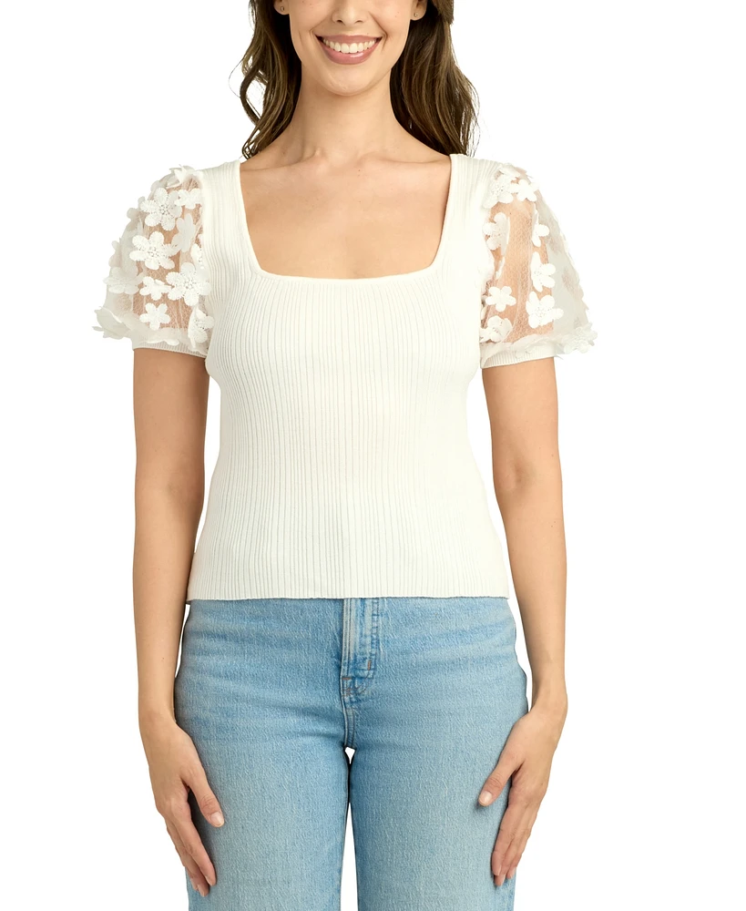 Bcx Juniors' Embellished Woven Sleeve Scoop Neck Top