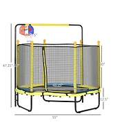 Qaba Kids Trampoline with Net, Basketball Hoop, Horizontal Bar Indoor