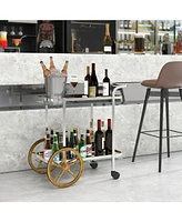 2-Tier Tempered Glass Bar Cart with 2 Large Aluminum Wheels and 2 Rolling Casters