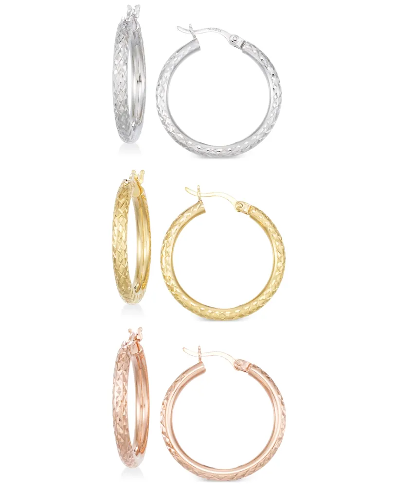 Set of Three Textured Hoop Earrings 14k Tri-Gold Vermeil and Sterling Silver