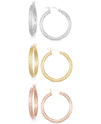 Set of Three Textured Hoop Earrings 14k Tri-Gold Vermeil and Sterling Silver