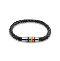 Bling Jewelry Striped Rainbow Flag Black Braided Leather Lgbtq Bracelet with Stainless Clasp