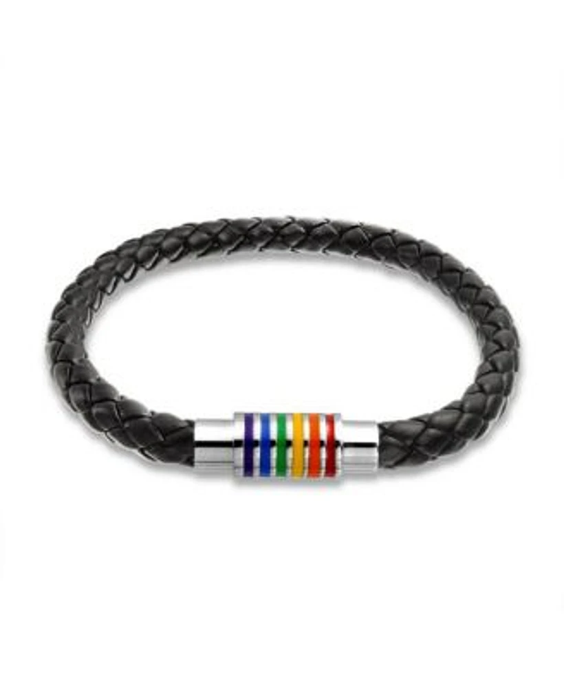 Bling Jewelry Striped Rainbow Flag Black Braided Leather Lgbtq Bracelet with Stainless Clasp