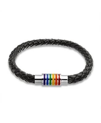 Bling Jewelry Striped Rainbow Flag Black Braided Leather Lgbtq Bracelet with Stainless Clasp