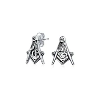 Bling Jewelry Tiny Square & Compass Masonic Freemason Stud Earrings for Men in Oxidized Silver