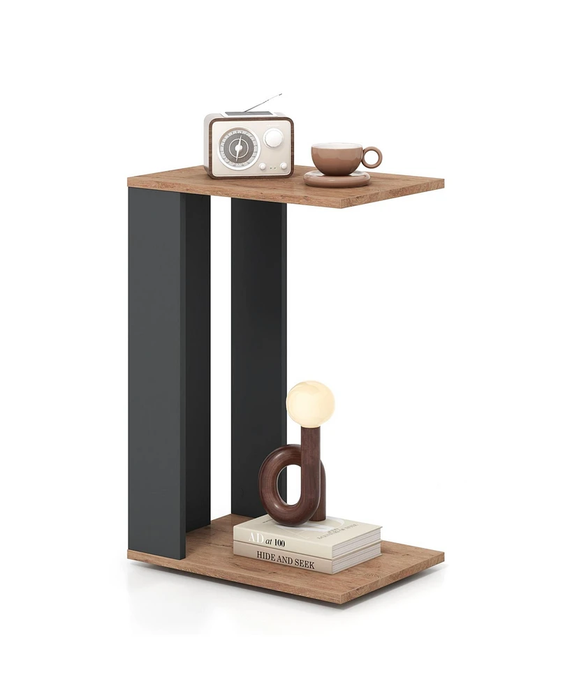 2-Tier C-Shaped Side Table with Universal Wheels and Shelf