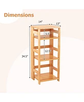 4-Tier Bookshelf Rubber Wood Bookcase with Side Fences for Living Room