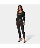 Bebe Women's High Waist Faux Leather Yoke Woven Twill Slim Leg Pant