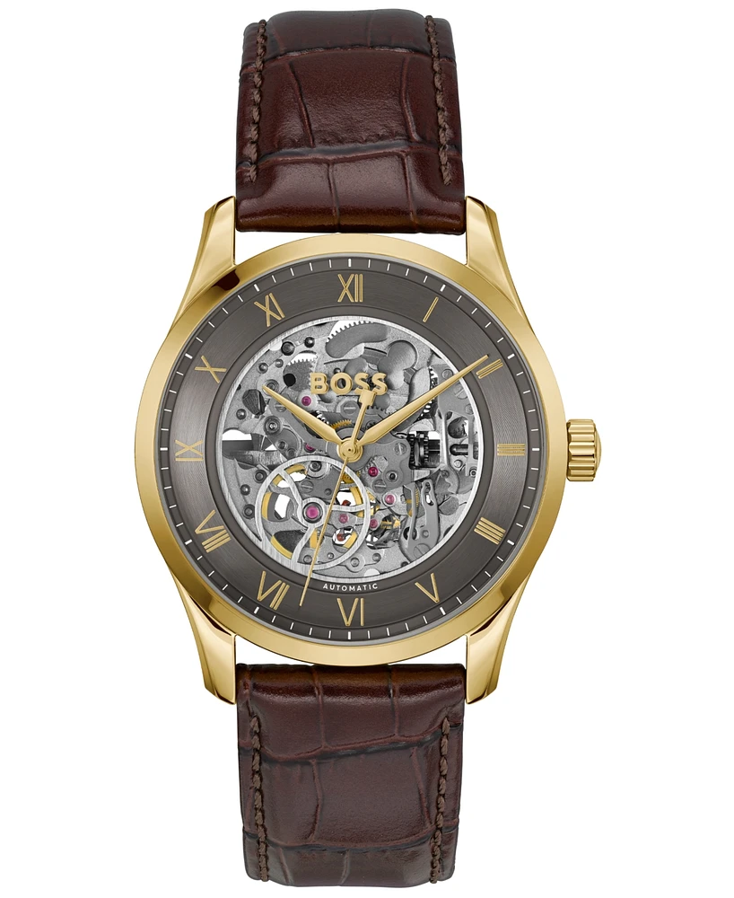 Hugo Boss Men's Principle Skeleton Mech-Automatic Brown Calfskin Watch, 41mm