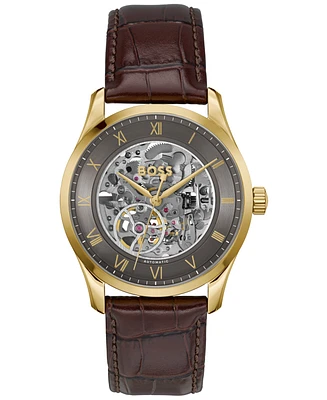Hugo Boss Men's Principle Skeleton Mech-Automatic Brown Calfskin Watch, 41mm