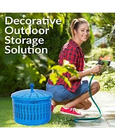 Decorative Metal Garden Hose Holder Pot with Lid - Uv-Resistant Blue Patina Finish - Holds up to 100-Foot Hose