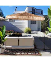 Aoodor 10 ft. Cantilever Tiki Thatch Patio Umbrella, Hand-Push Tilt Offset Umbrella for Outdoor, Natural Straw Look (No Base)