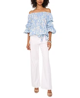 Vince Camuto Women's Printed Linen-Blend Off-The-Shoulder Bubble-Sleeve Top