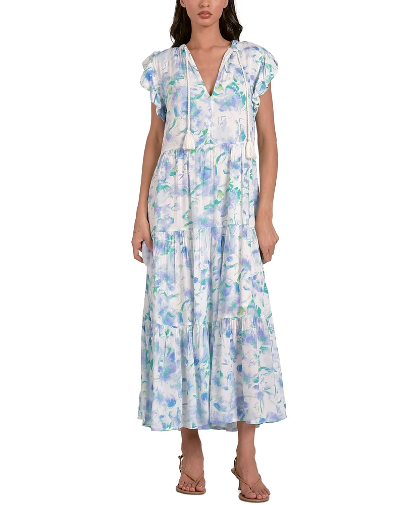 Elan Women's Printed Ruffle-Sleeve Tassel-Tie Maxi Dress