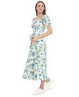 London Times Petite Linen-Blend Floral-Print Maxi Dress